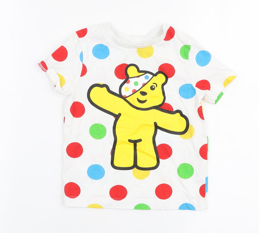 Front view of George Baby Multicoloured Polka Dot 100% Cotton Jersey T-Shirt, Months Round Neck Pullover - Pudsey bear