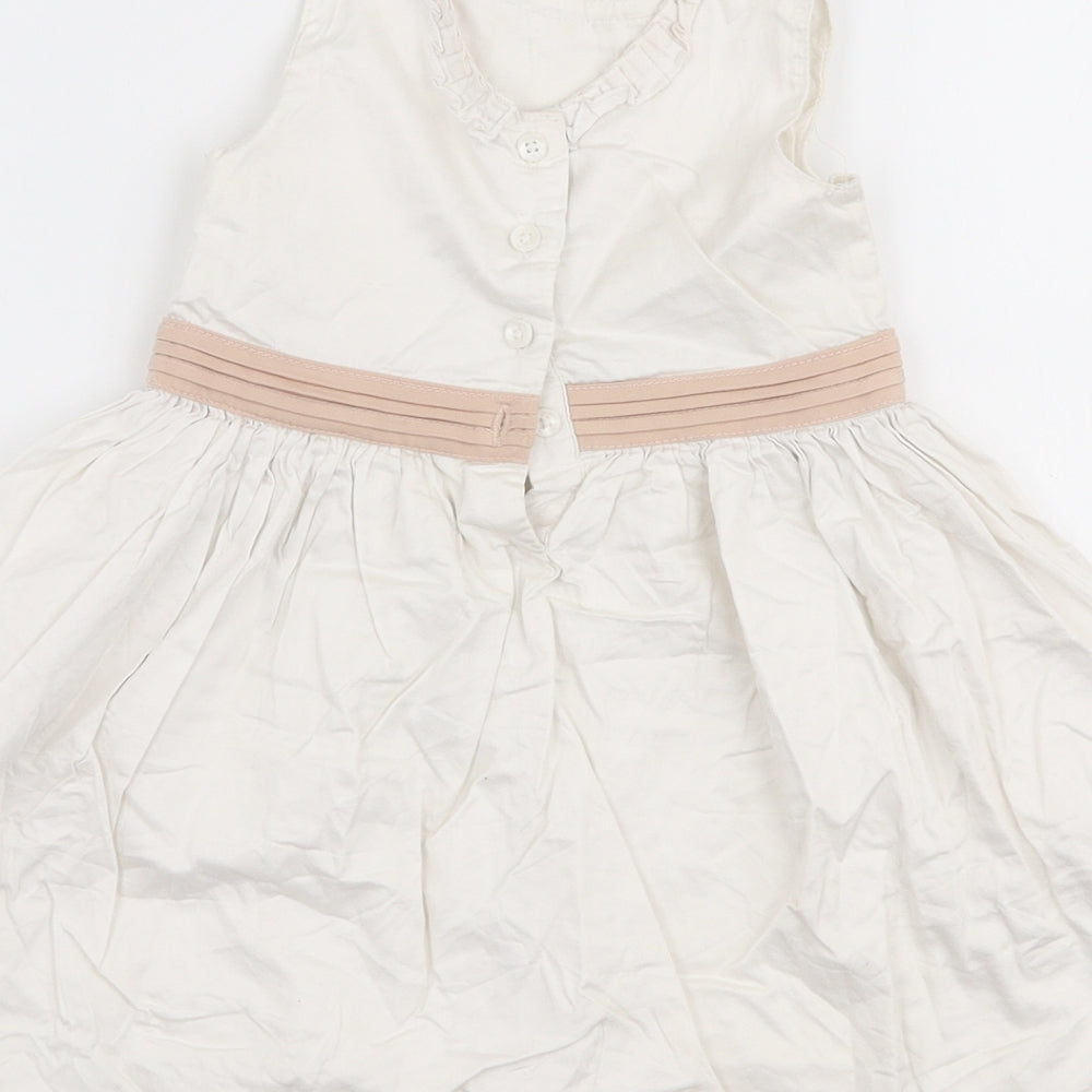 mamas & papas Girls White  100% Cotton Skater Dress  Size 18-24 Months  Round Neck Button