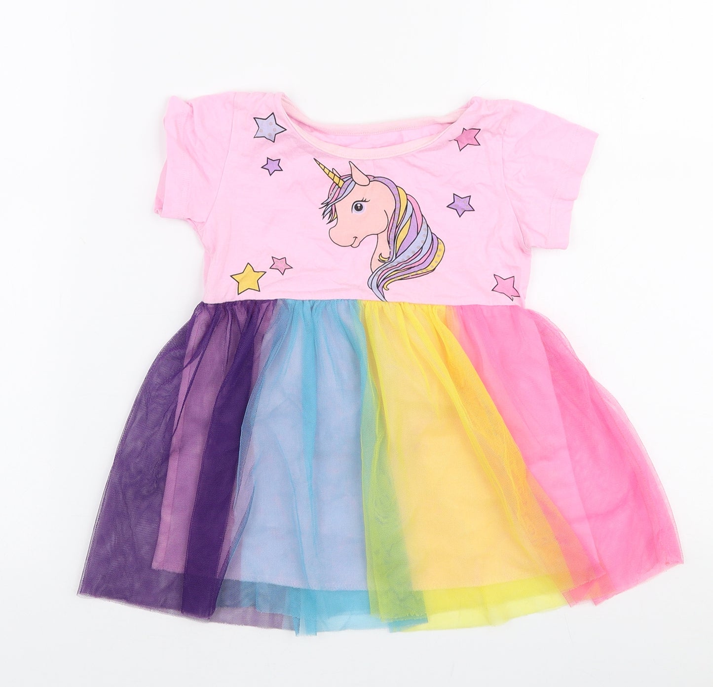 Preworn Girls Multicoloured Striped Polyester Tutu Dress  Size 2 Years  Round Neck Pullover - Unicorn