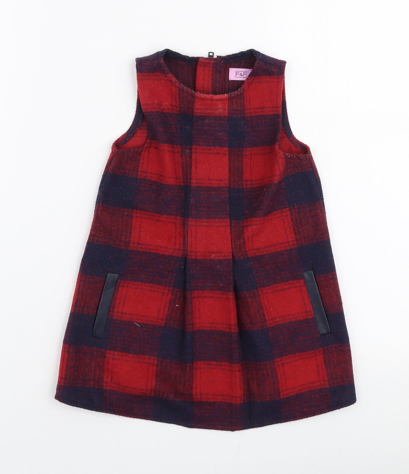F&F Girls Red Plaid Viscose Pinafore/Dungaree Dress  Size 18-24 Months  Round Neck Zip