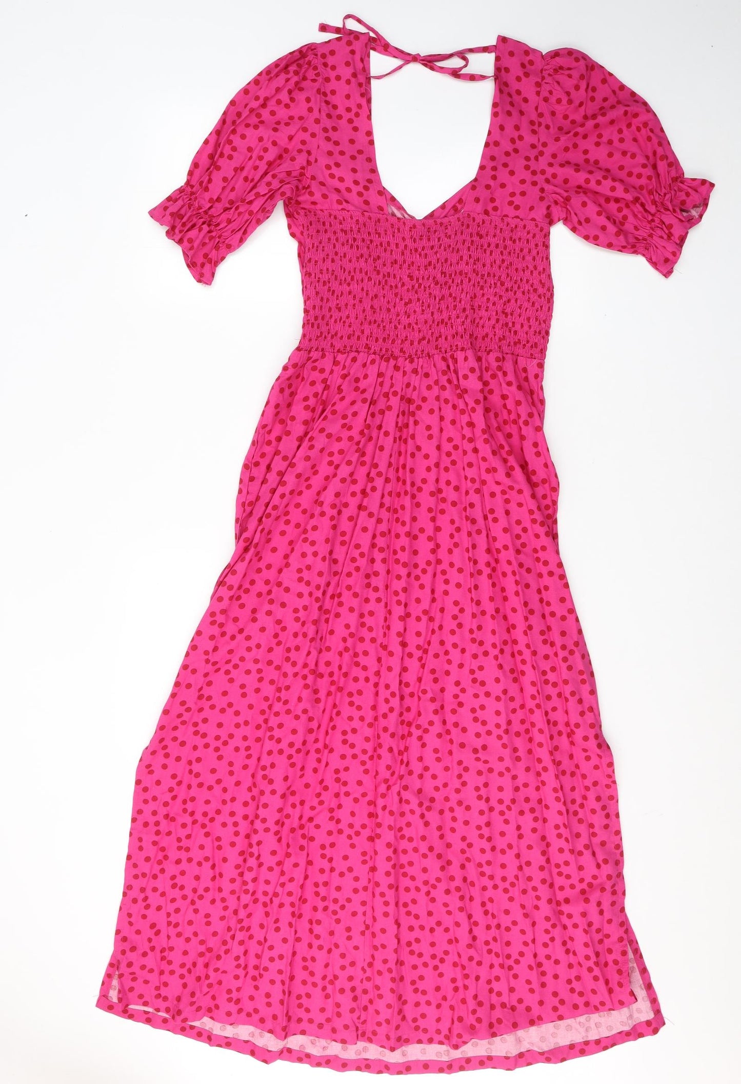 NEXT Womens Orange Polka Dot Viscose Maxi  Size 8  V-Neck Tie