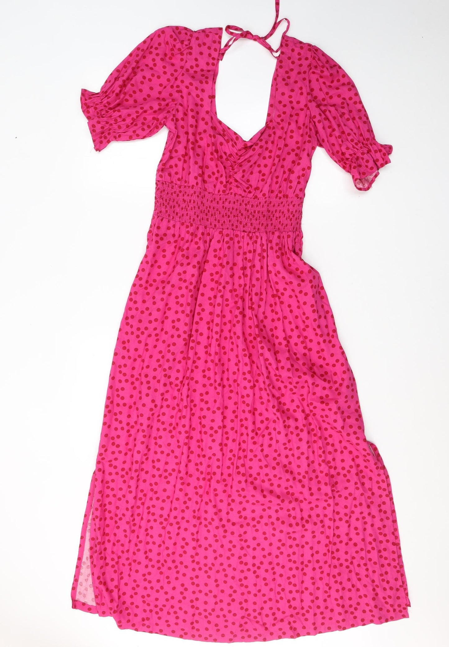 NEXT Womens Orange Polka Dot Viscose Maxi  Size 8  V-Neck Tie