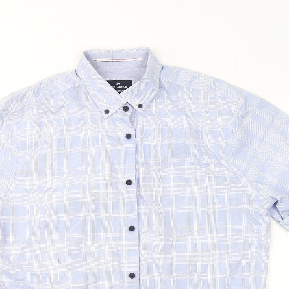 Blue Harbour Mens Blue Plaid Cotton  Button-Up Size L Collared Button