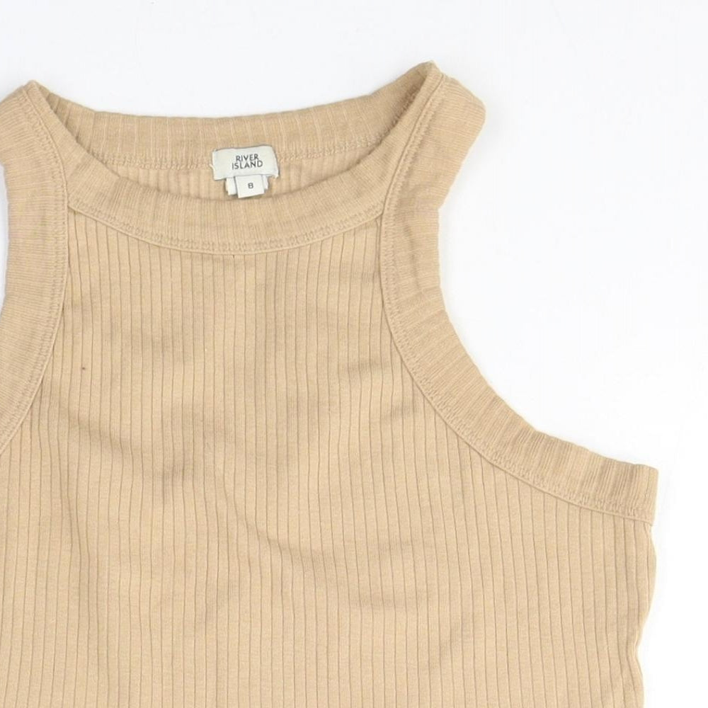 River Island Womens Beige  Cotton Cropped T-Shirt Size 8 Round Neck