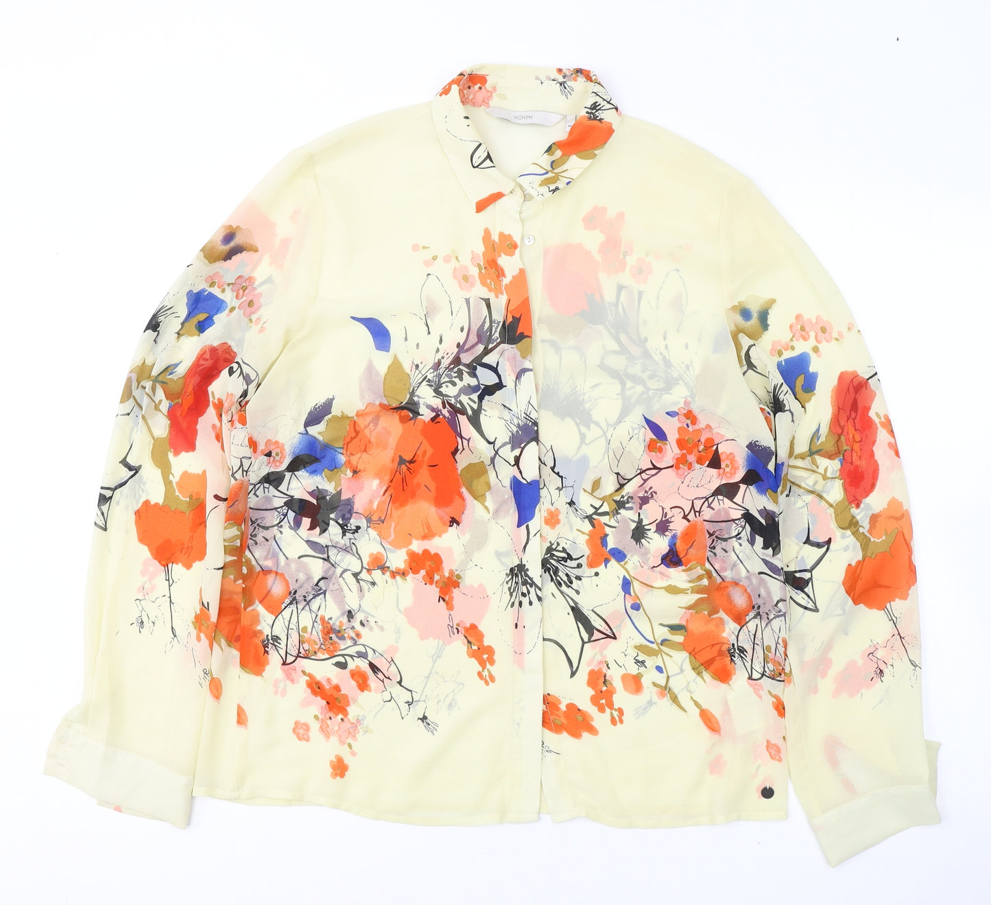 Numph Womens Yellow Floral Polyester Basic Button-Up Size 12 Collared