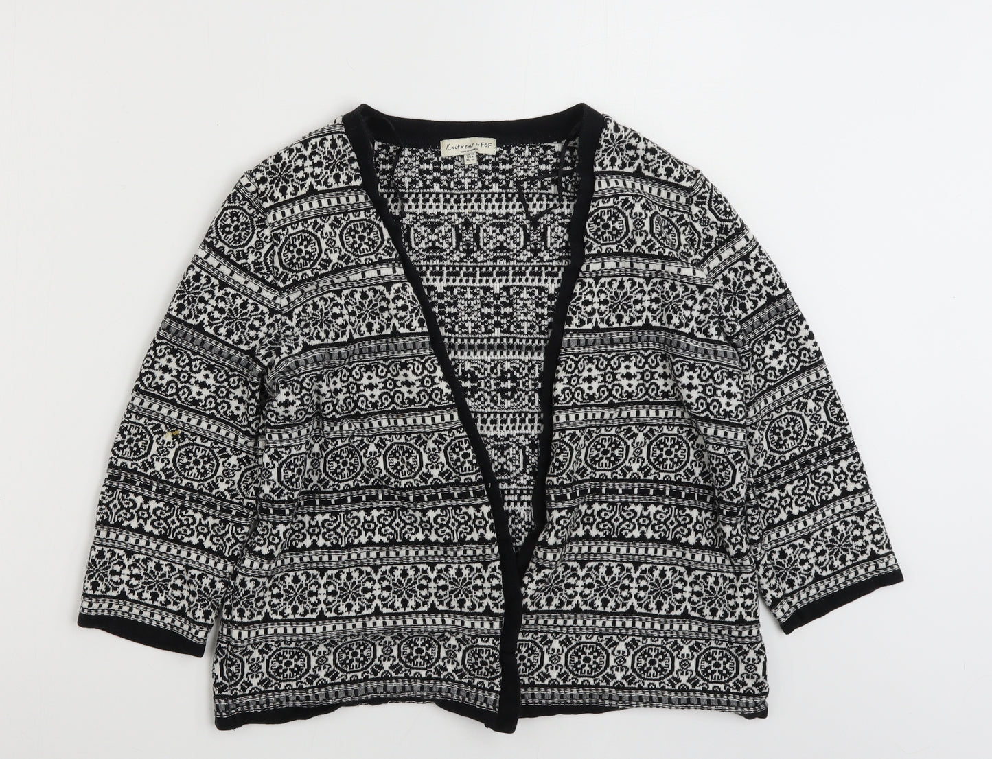 F&F Womens Black V-Neck Geometric Cotton Cardigan Jumper Size 12