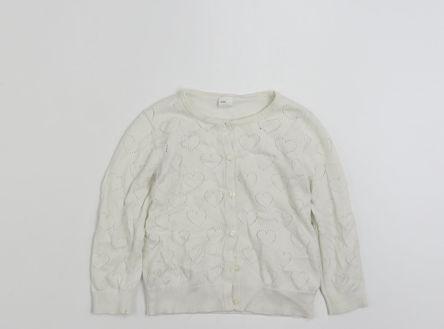 H&M Girls White Round Neck  100% Cotton Cardigan Jumper Size 2-3 Years  Button - Love Heart