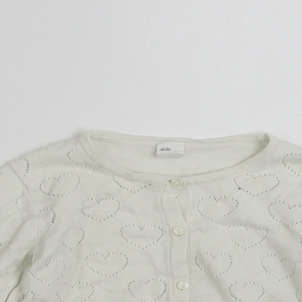 H&M Girls White Round Neck  100% Cotton Cardigan Jumper Size 2-3 Years  Button - Love Heart