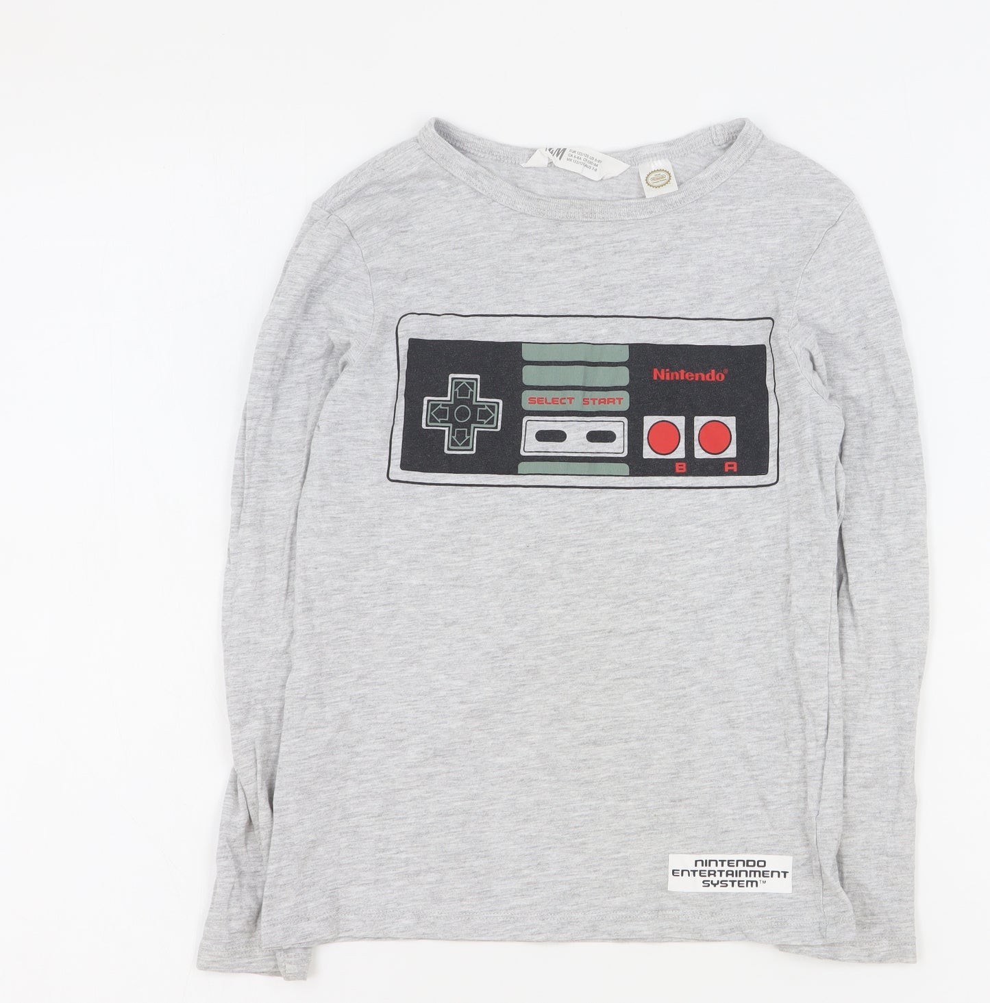 H&M Boys Grey  Cotton Basic T-Shirt Size 7-8 Years Crew Neck Pullover - Nintendo