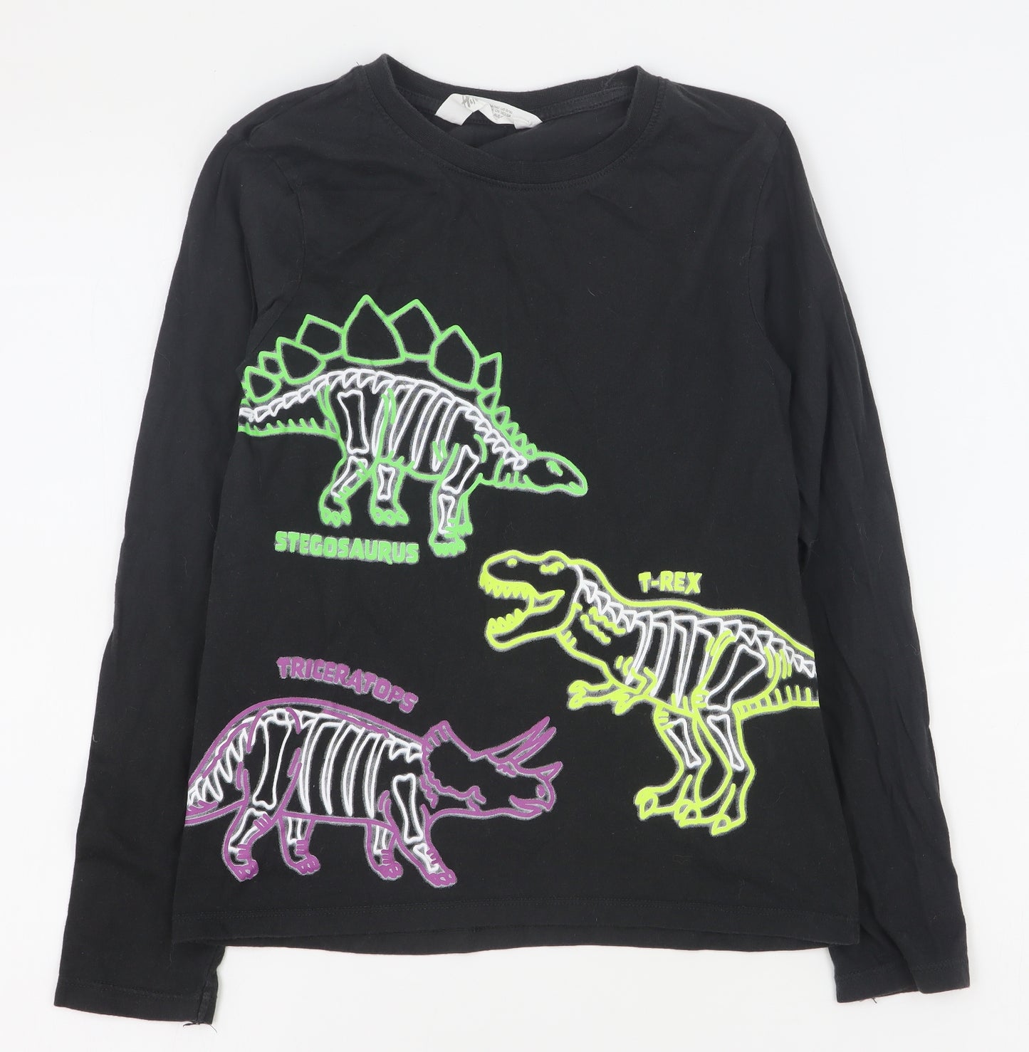 H&M Boys Black  100% Cotton Basic T-Shirt Size 9-10 Years Crew Neck Pullover - Dinosaur