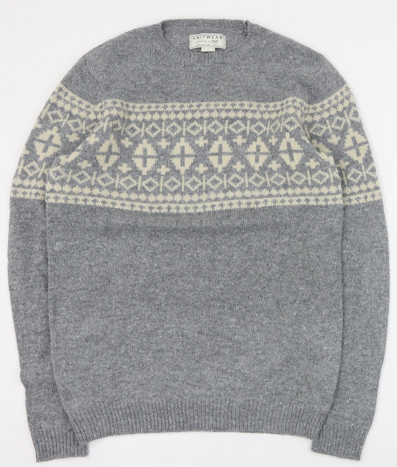 F&F Mens Grey Crew Neck  Acrylic Pullover Jumper Size S