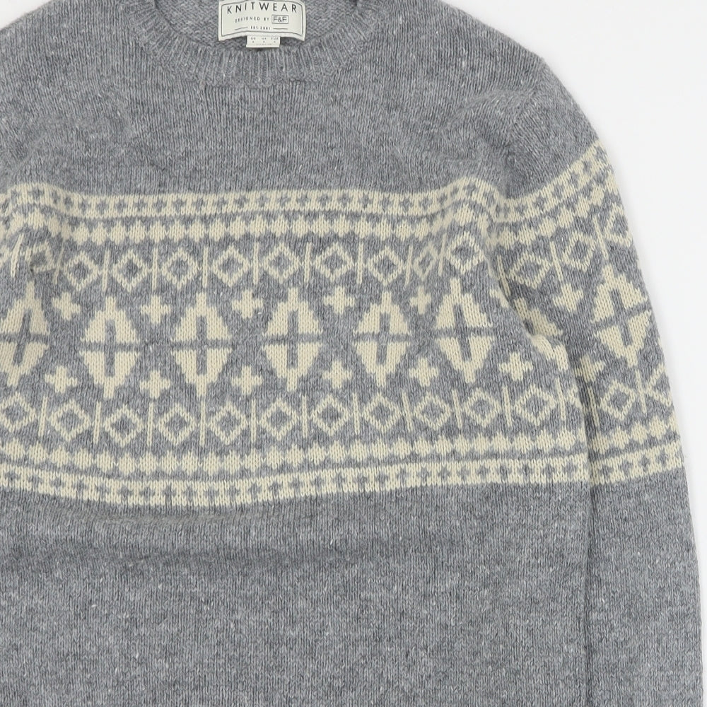 F&F Mens Grey Crew Neck  Acrylic Pullover Jumper Size S