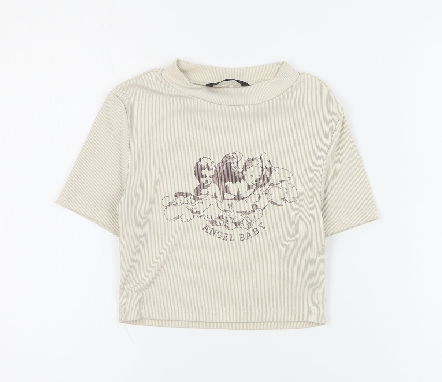 SheIn Womens Beige  Polyester Cropped T-Shirt Size M Mock Neck