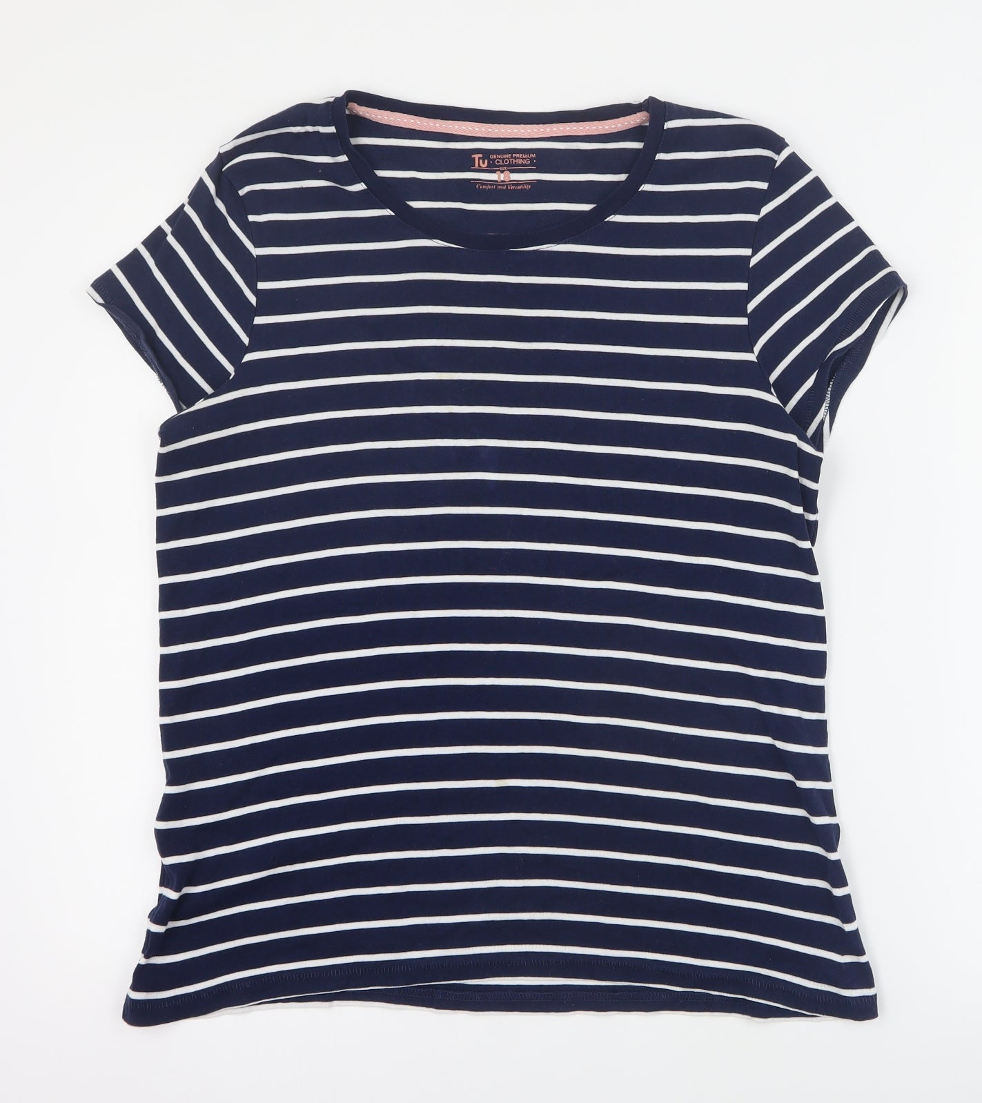 TU Womens Blue Striped 100% Cotton Basic T-Shirt Size 18 Round Neck