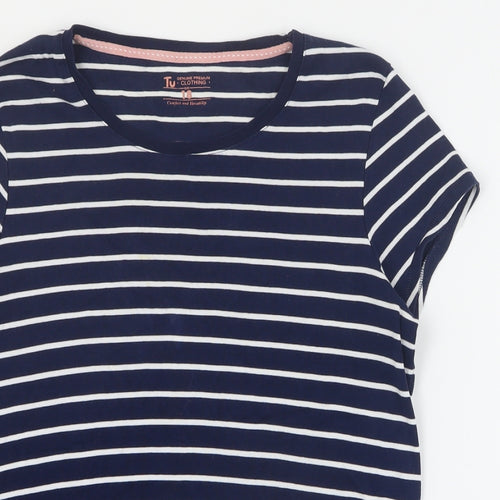 TU Womens Blue Striped 100% Cotton Basic T-Shirt Size 18 Round Neck