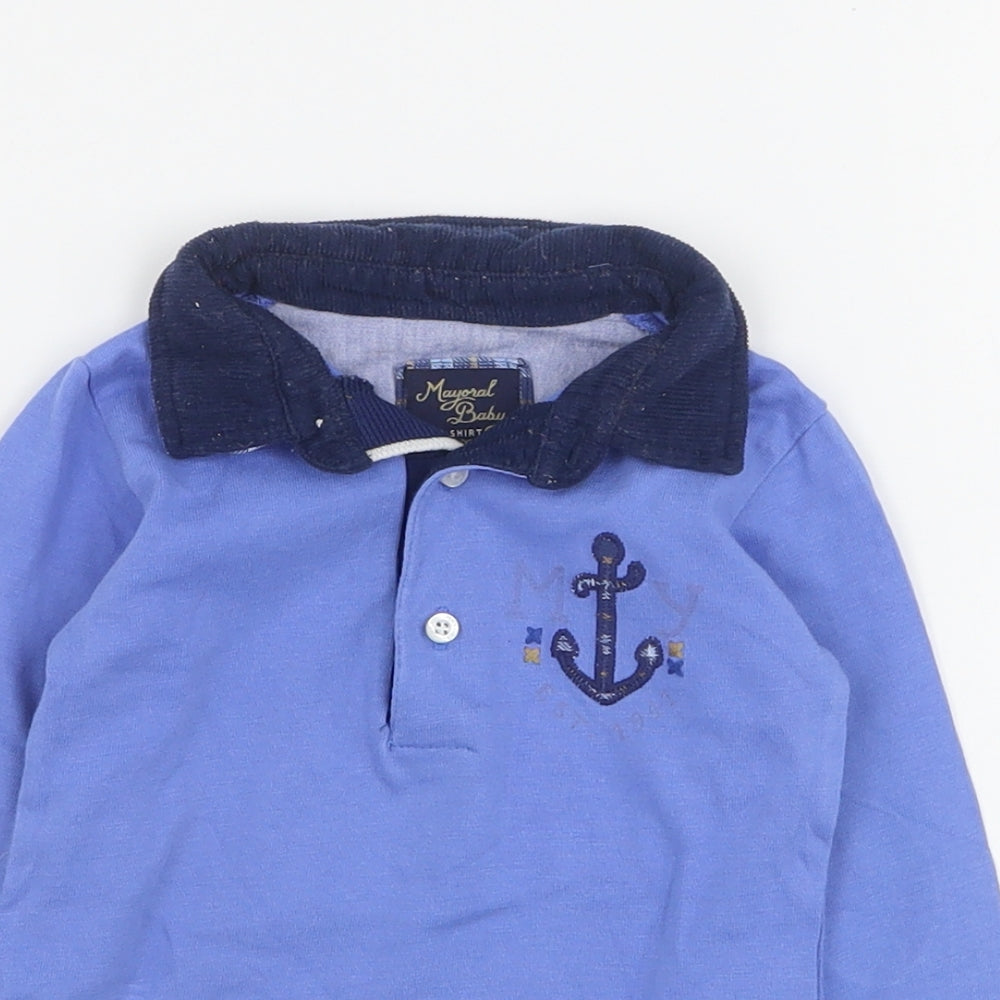 Mayoral Baby Baby Blue  100% Cotton Basic Polo Size 9-12 Months Collared Button