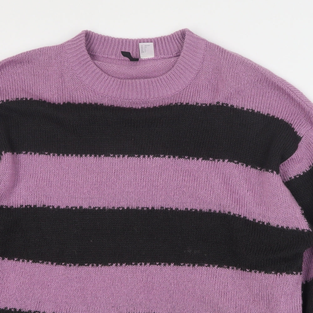 H&M Womens Purple Round Neck Striped Acrylic Pullover Jumper Size S