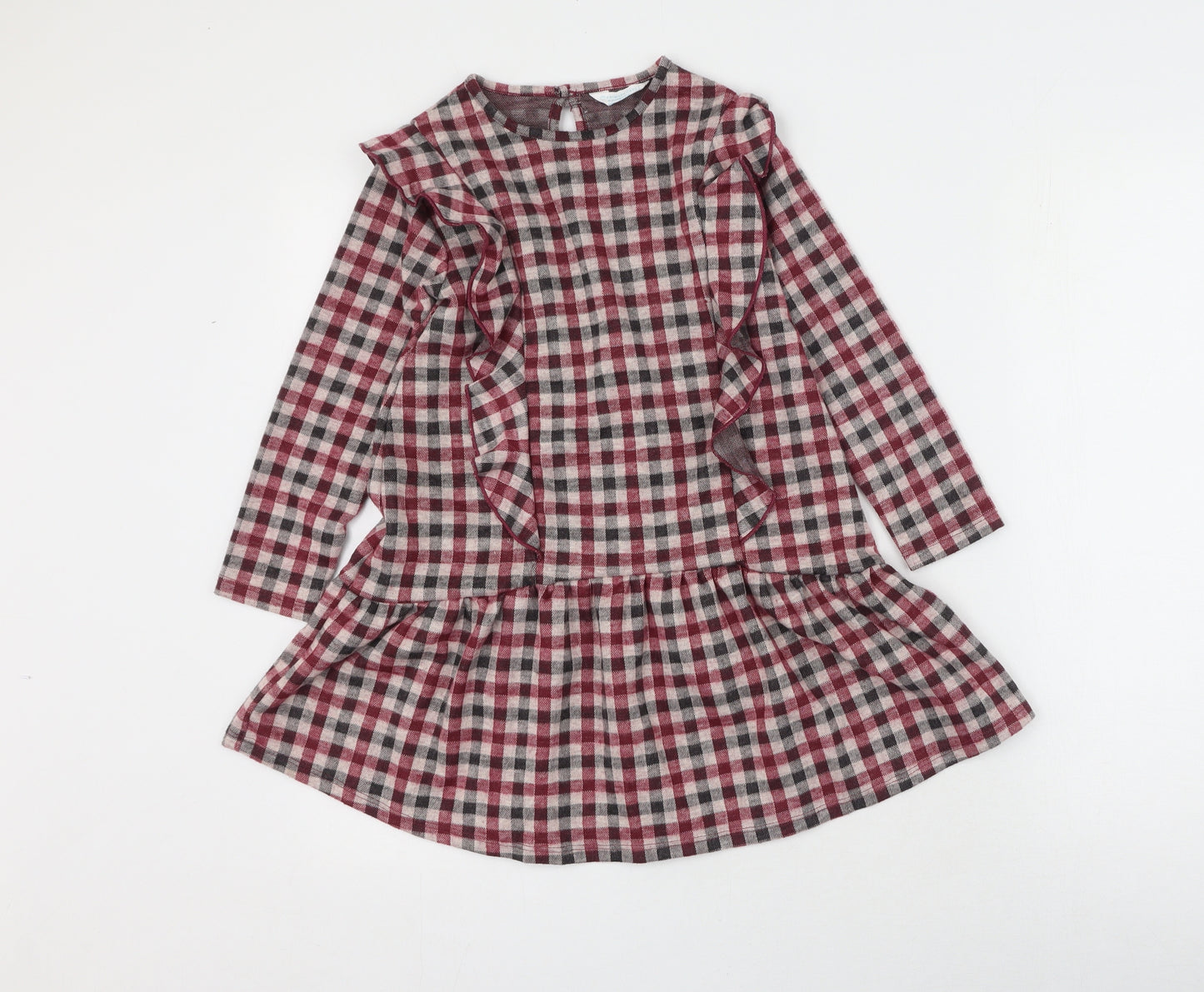 Primark Girls Red Plaid Polyester Fit & Flare  Size 6-7 Years  Round Neck