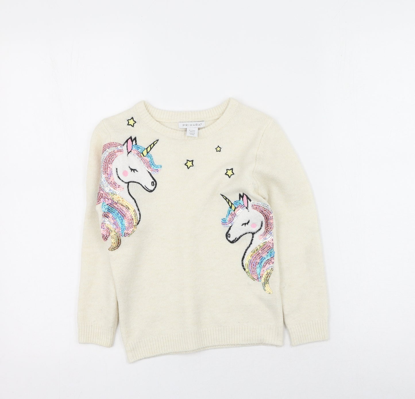 Primark Girls Beige Round Neck  Acrylic Pullover Jumper Size 6-7 Years   - Unicorn