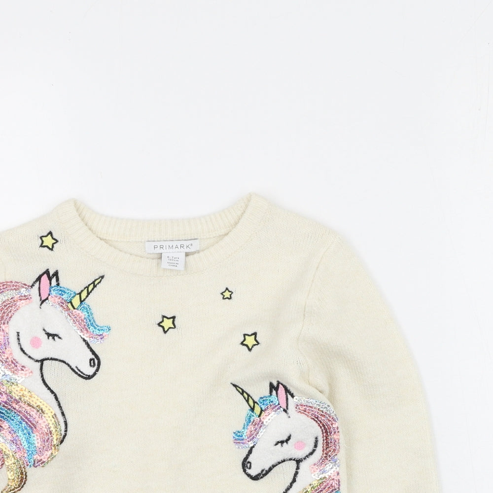 Primark Girls Beige Round Neck  Acrylic Pullover Jumper Size 6-7 Years   - Unicorn