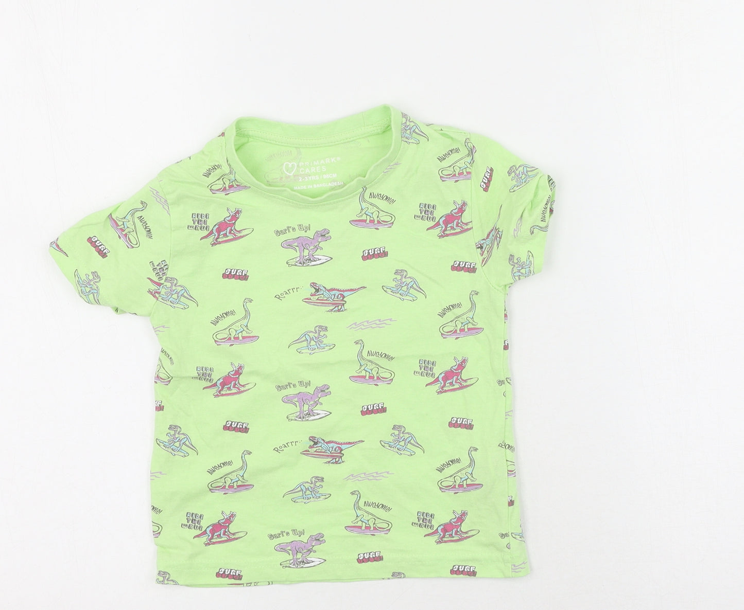 Primark Boys Green  Polyester Basic T-Shirt Size 2-3 Years Round Neck  - Dinosaur