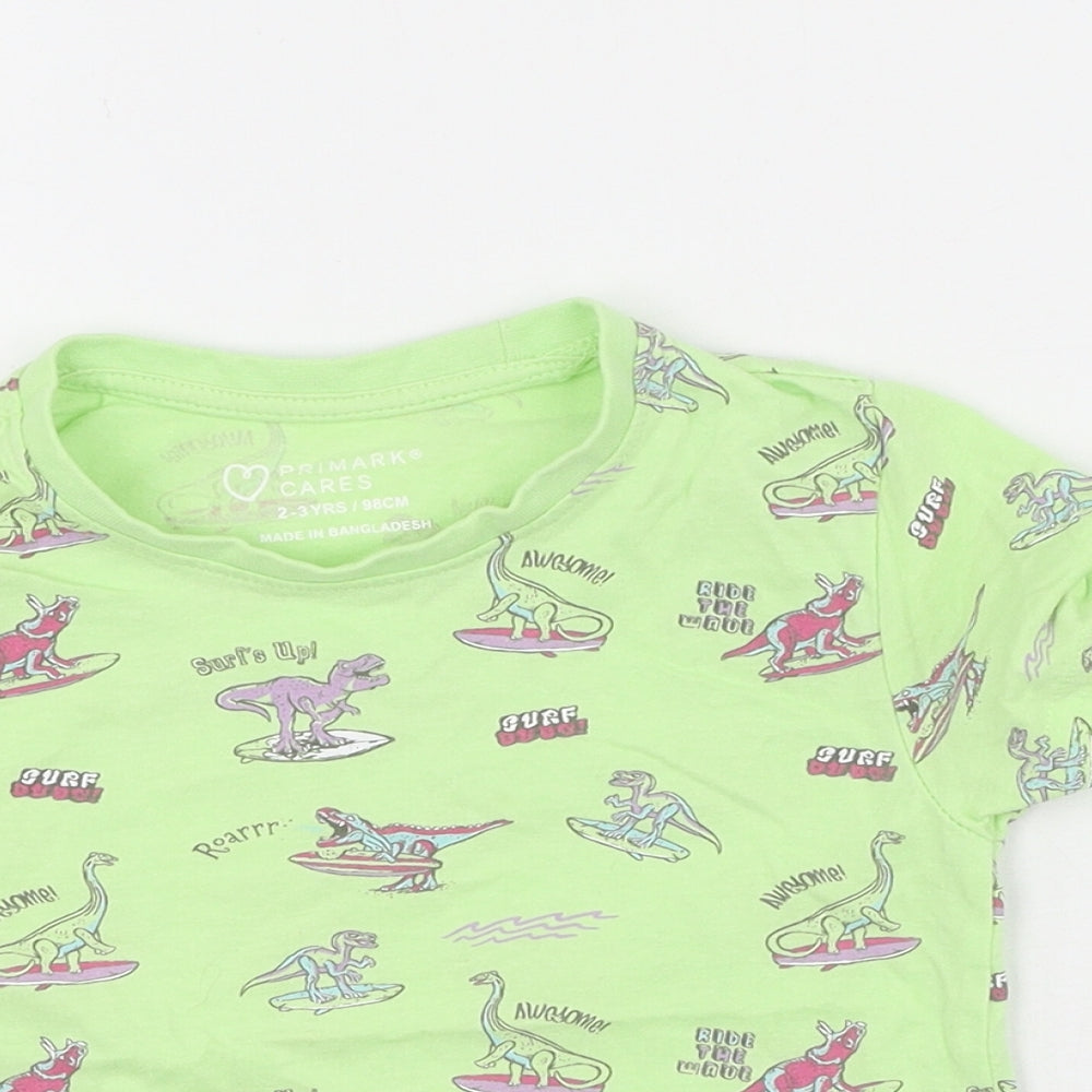 Primark Boys Green  Polyester Basic T-Shirt Size 2-3 Years Round Neck  - Dinosaur