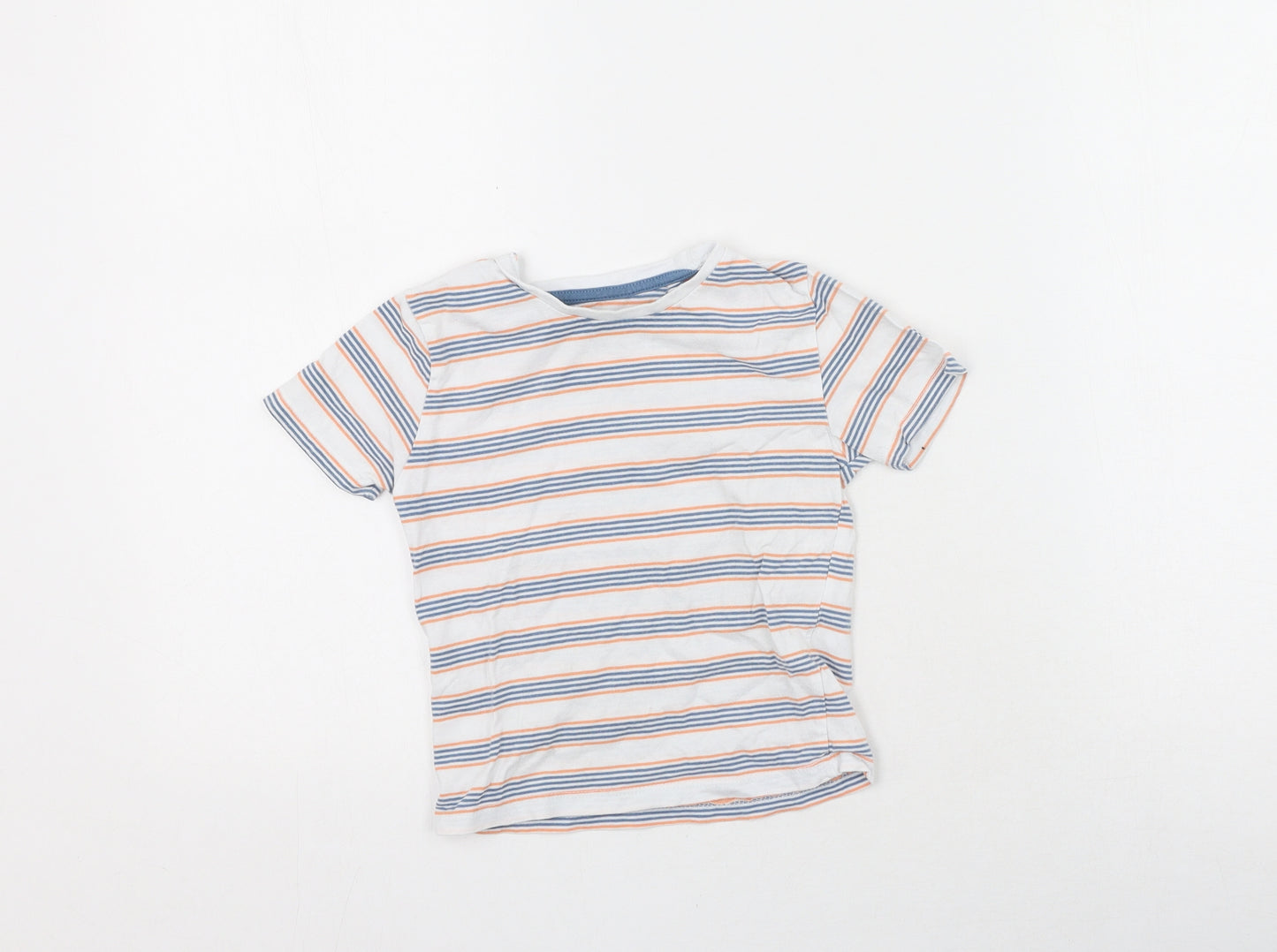 Jeff & Co Boys White Striped Cotton Basic T-Shirt Size 18-24 Months Round Neck
