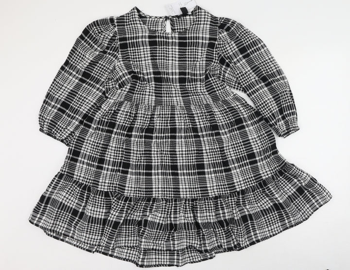 New Look Womens Black Plaid Cotton Fit & Flare  Size 6  Round Neck