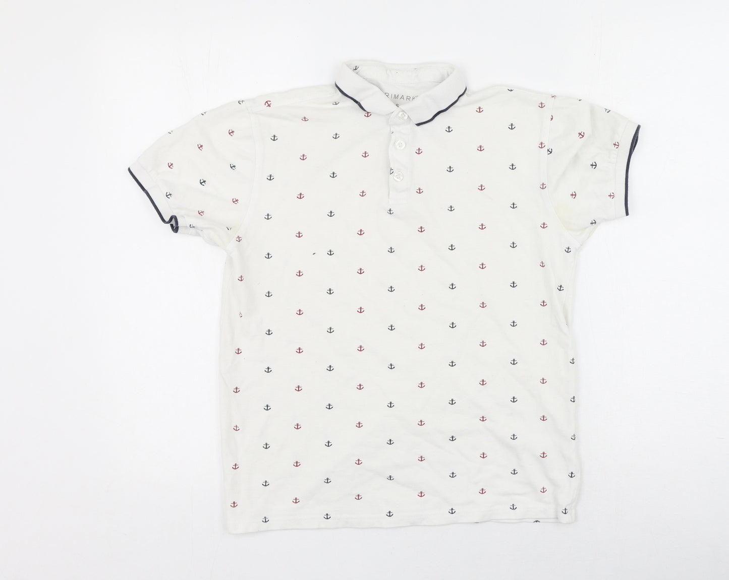 Primark Mens White  Cotton  Polo Size S Collared  - anchors