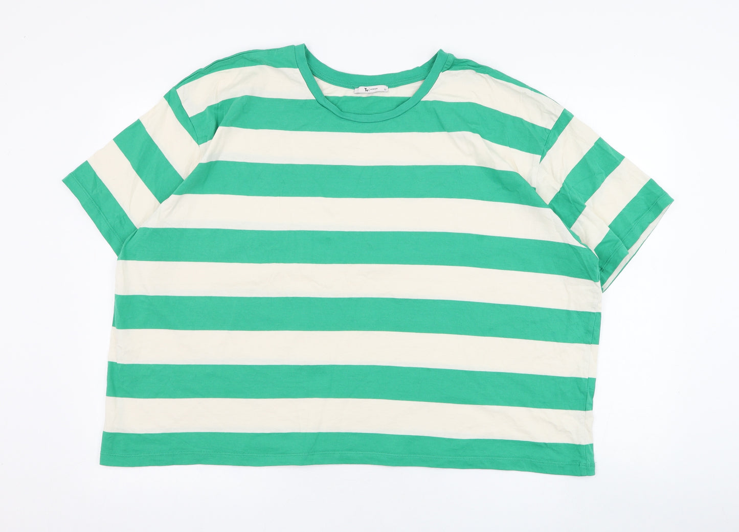 TU Womens Green Striped Cotton  T-Shirt Size 22 Round Neck