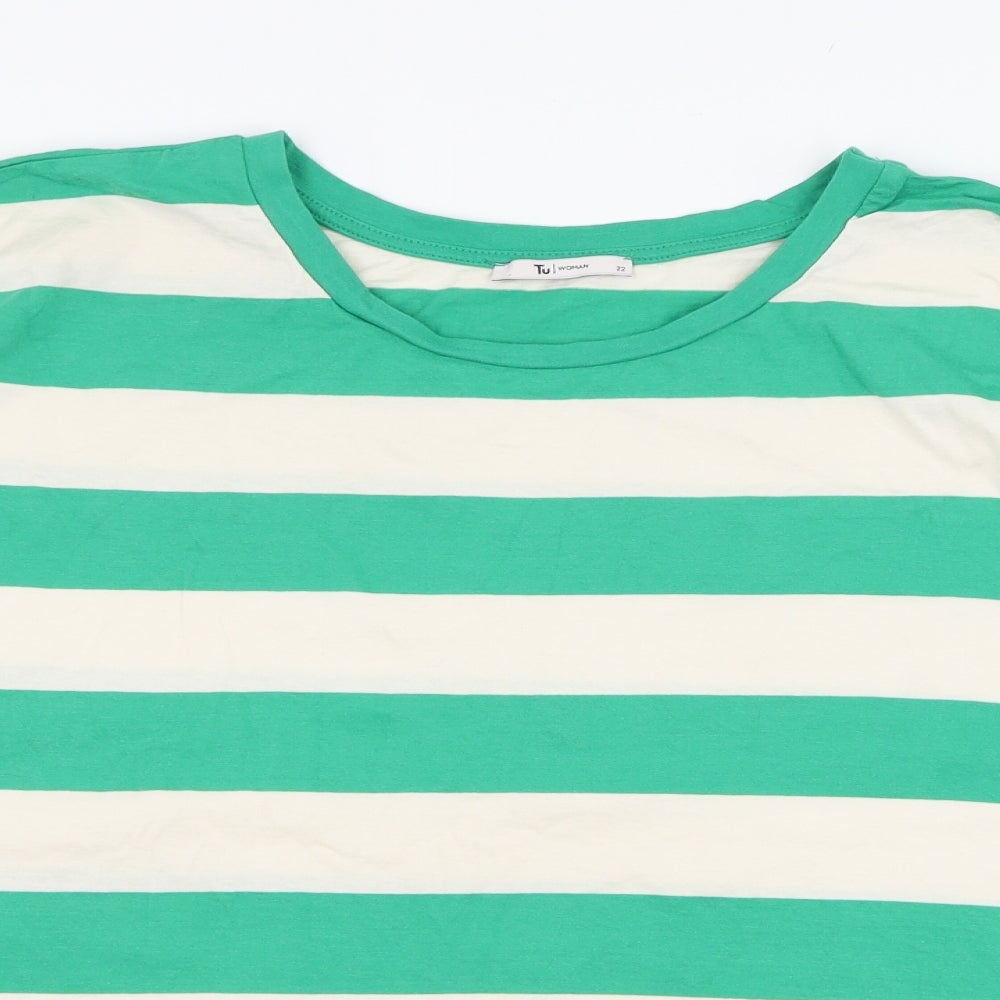 TU Womens Green Striped Cotton  T-Shirt Size 22 Round Neck