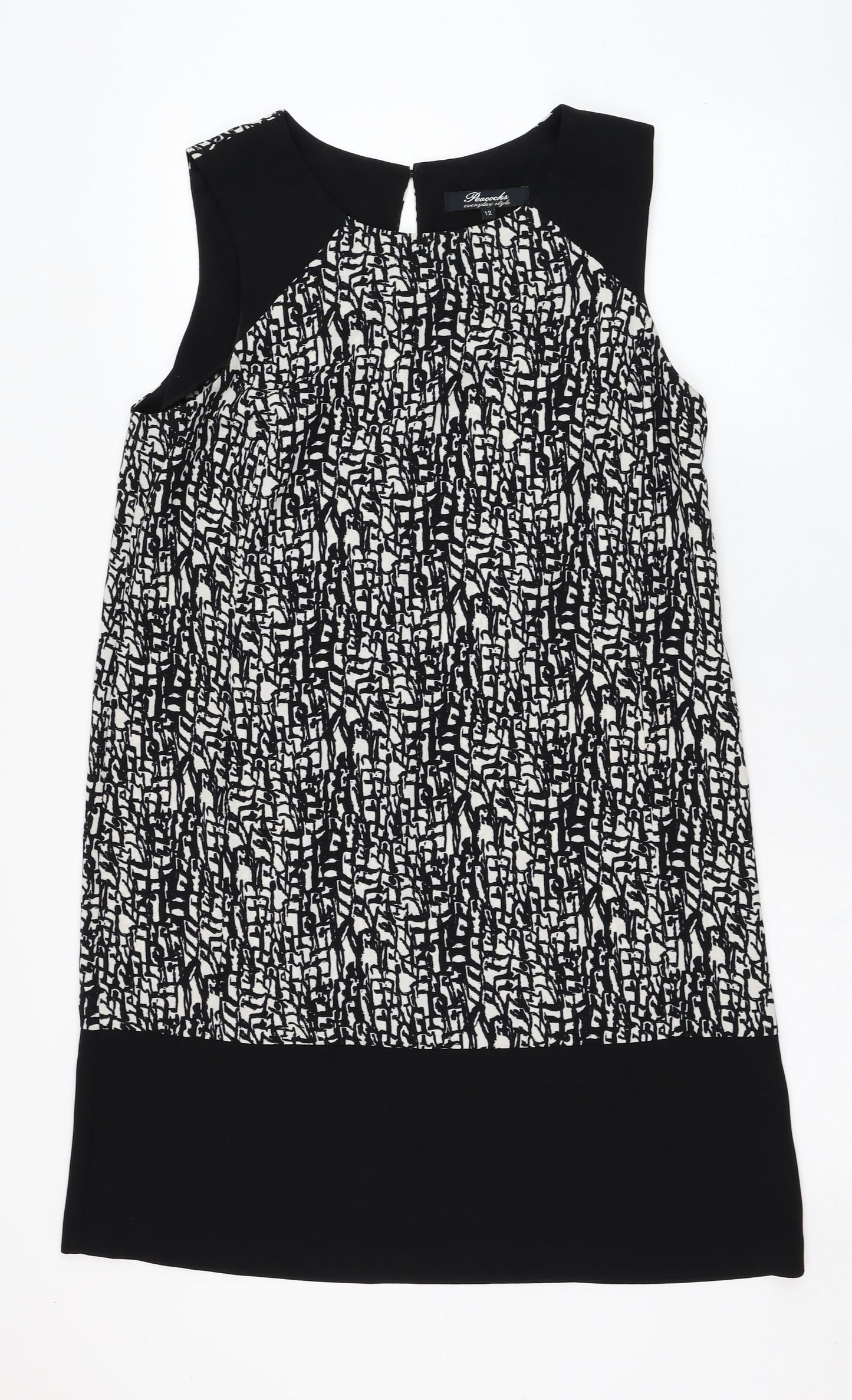 Peacocks Womens Black Geometric Polyester Shift  Size 12  Scoop Neck Pullover