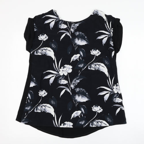 F&F Womens Black Floral Viscose Tunic T-Shirt Size 8 Round Neck