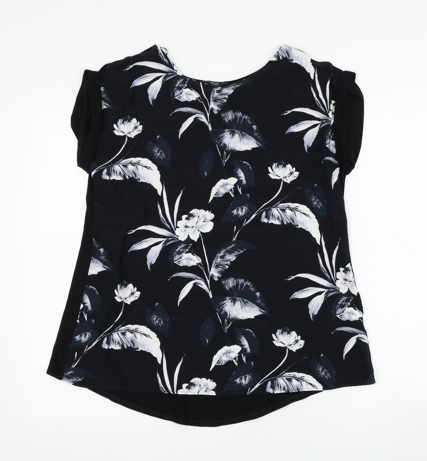 F&F Womens Black Floral Viscose Tunic T-Shirt Size 8 Round Neck