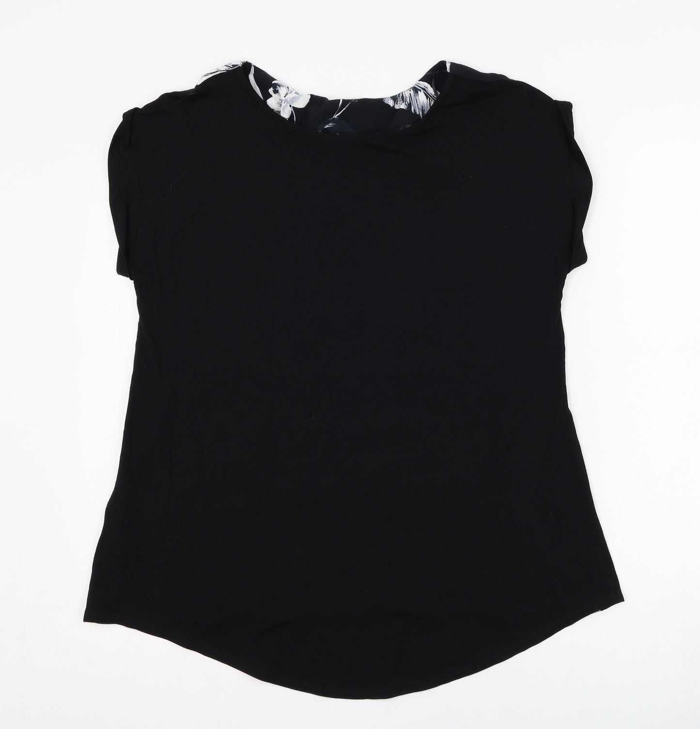 F&F Womens Black Floral Viscose Tunic T-Shirt Size 8 Round Neck