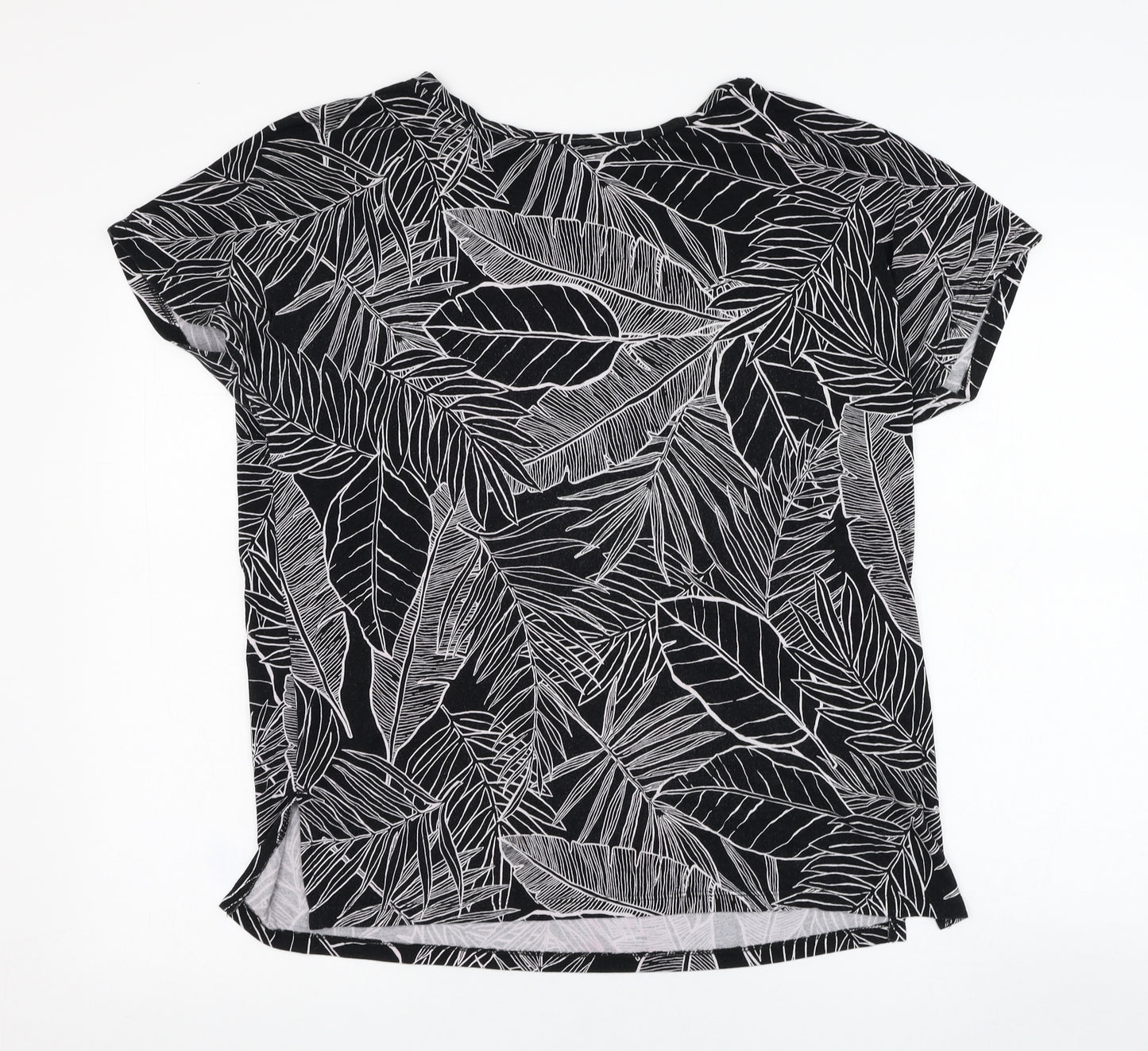 F&F Womens Black Floral Polyester Basic T-Shirt Size 12 Round Neck