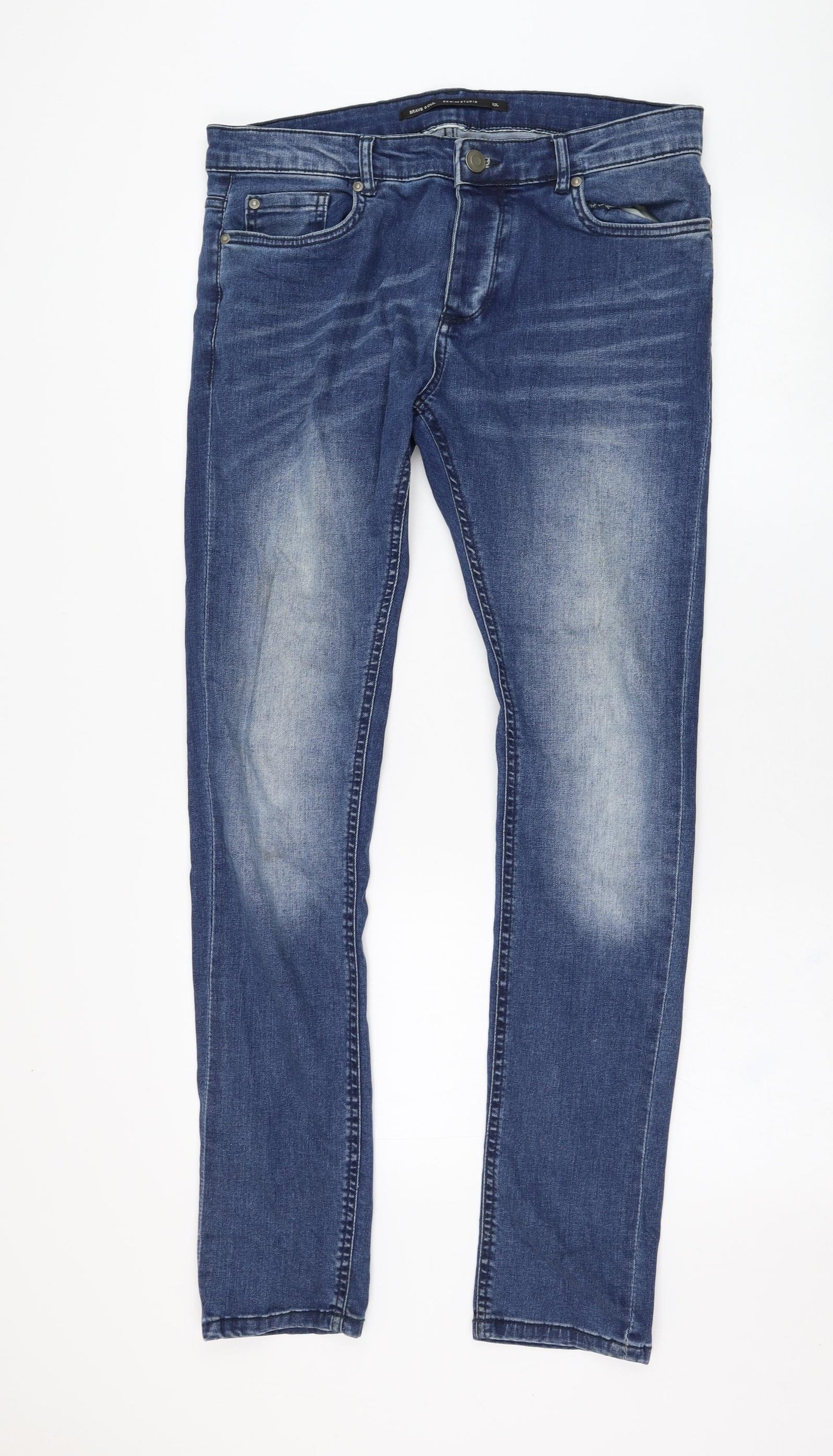 Brave Soul Mens Blue  Cotton Skinny Jeans Size 32 in L32 in Regular Zip