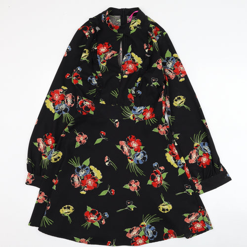 Very Womens Black Floral Polyester Skater Dress  Size 8  Mock Neck Zip
