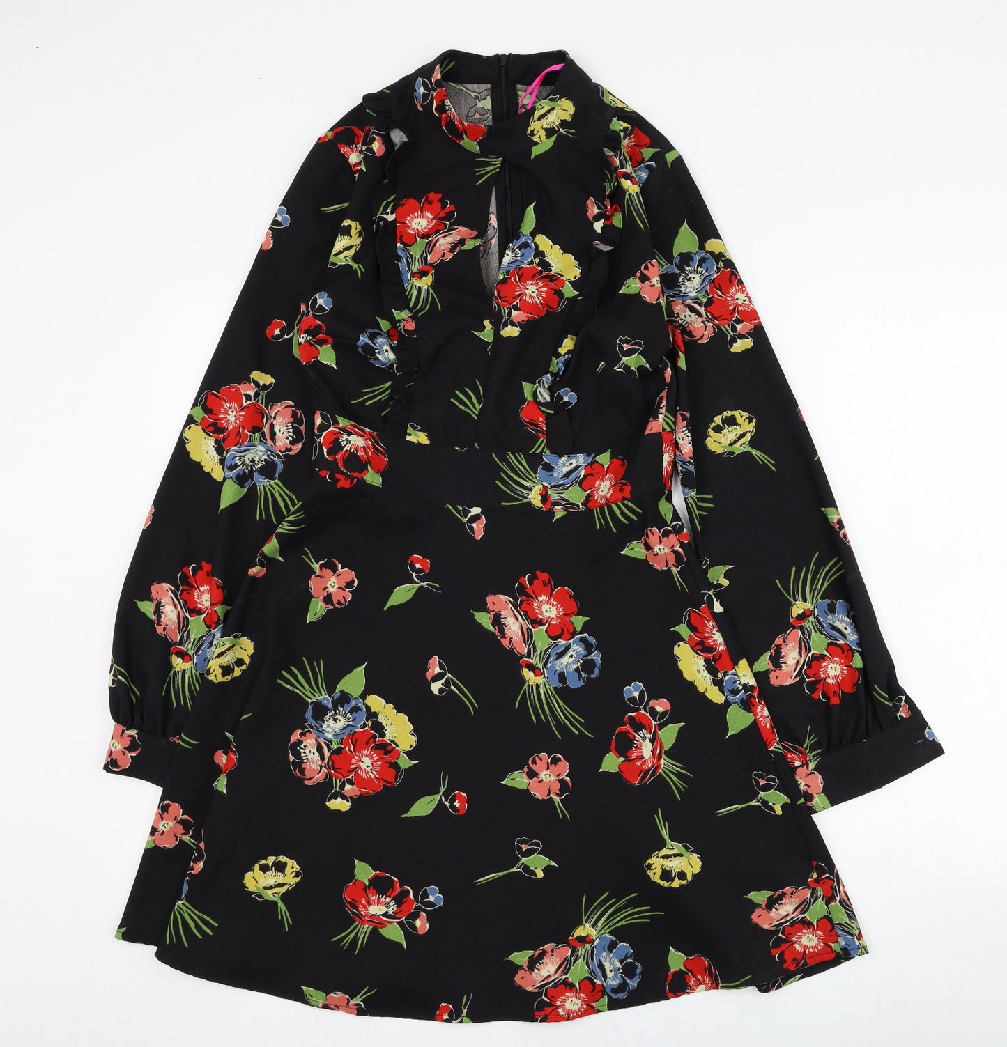 Very Womens Black Floral Polyester Skater Dress  Size 8  Mock Neck Zip