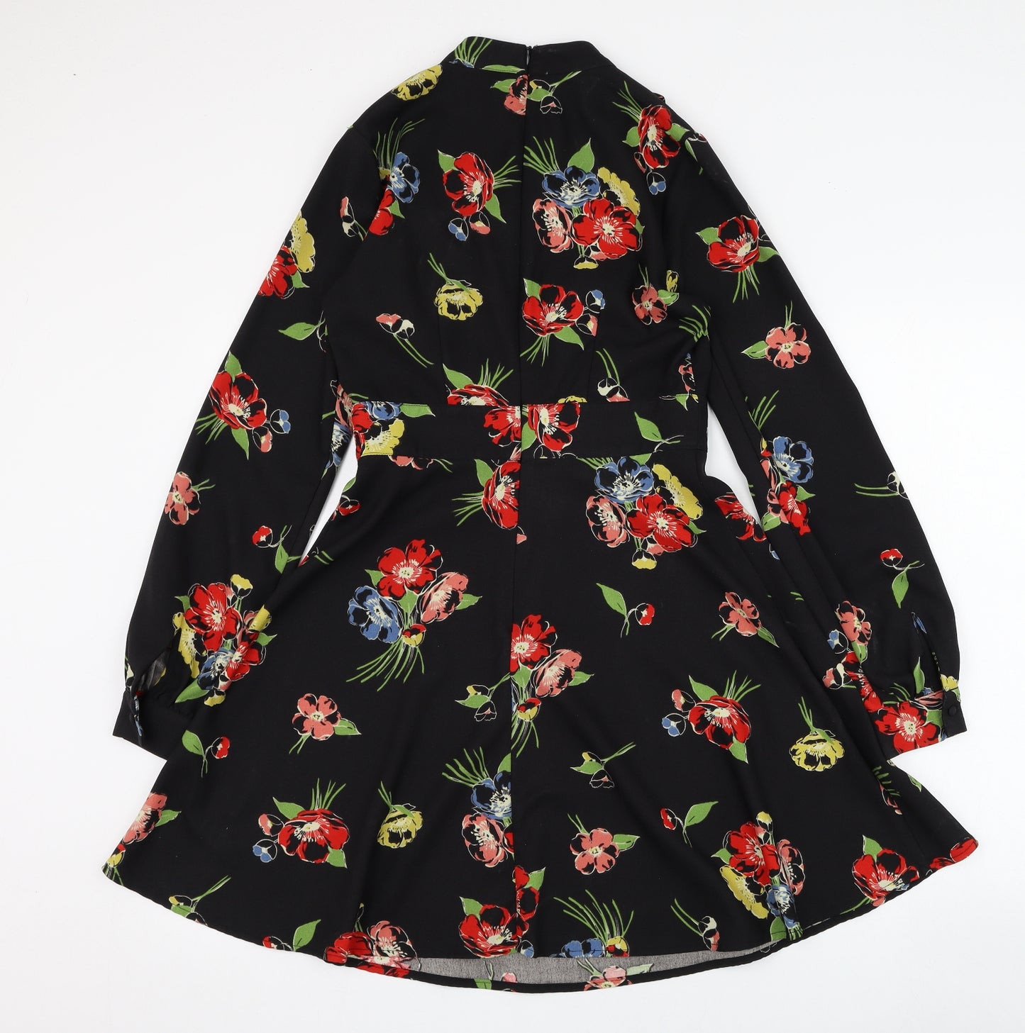 Very Womens Black Floral Polyester Skater Dress  Size 8  Mock Neck Zip