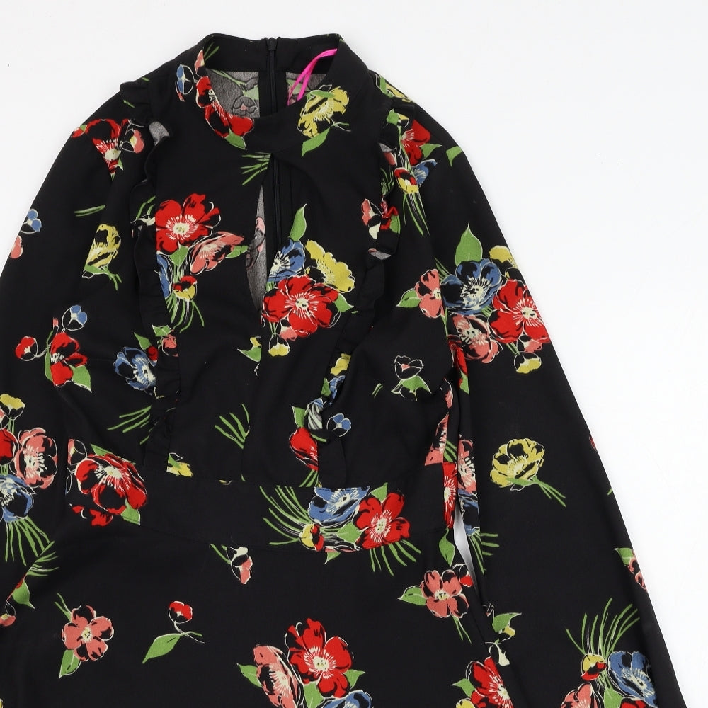 Very Womens Black Floral Polyester Skater Dress  Size 8  Mock Neck Zip