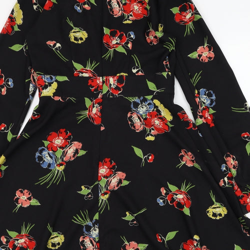 Very Womens Black Floral Polyester Skater Dress  Size 8  Mock Neck Zip