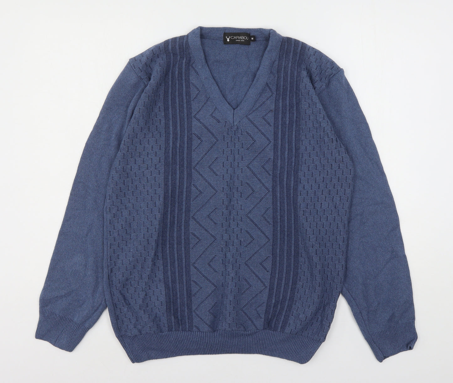 Carabou Mens Blue V-Neck  Cotton Pullover Jumper Size M