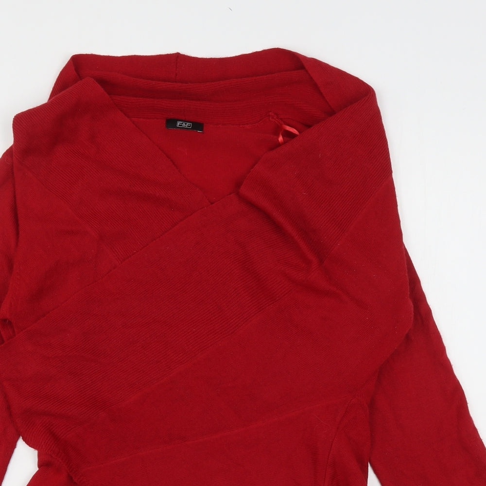 F&F Womens Red V-Neck  Acrylic Cardigan Jumper Size 14