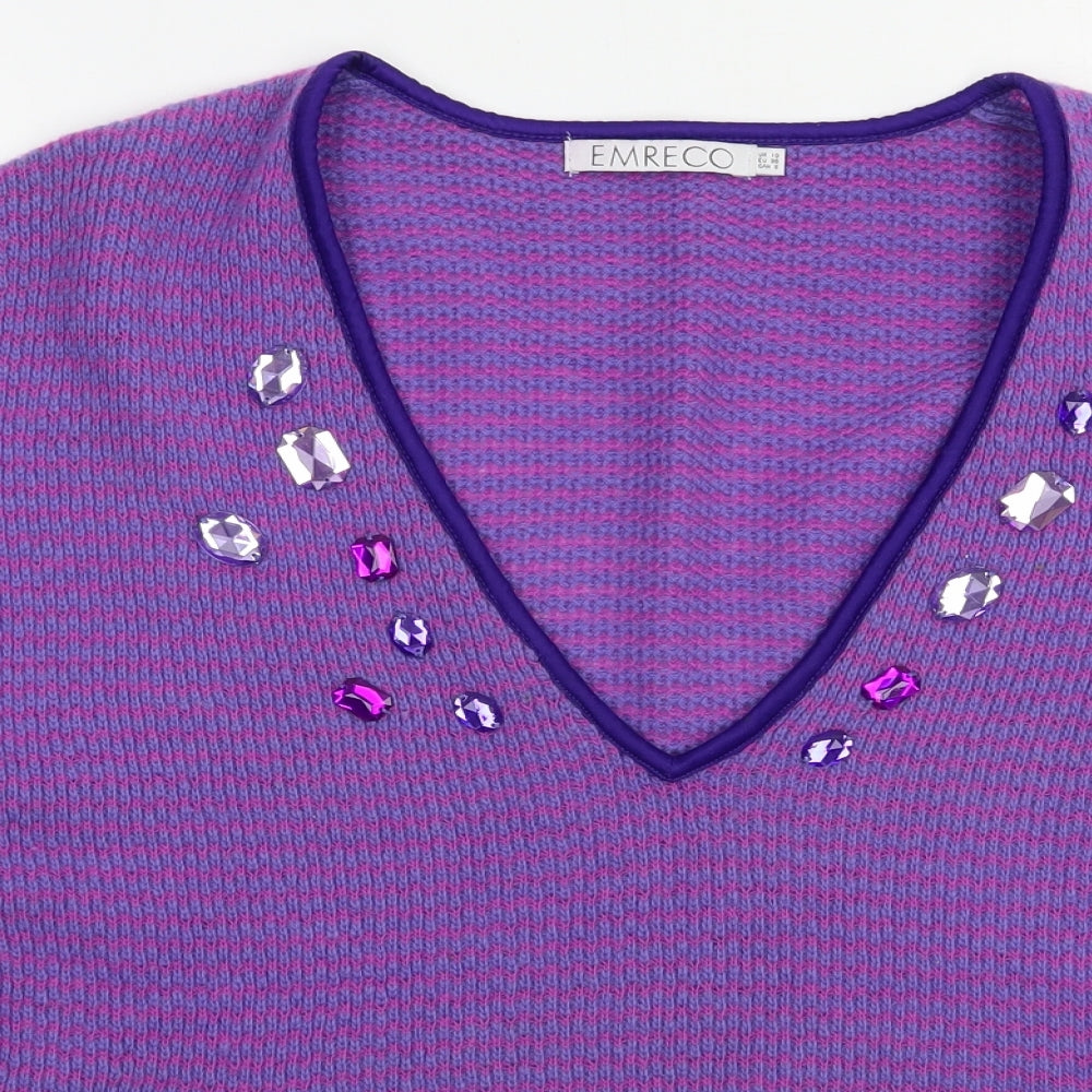 Emreco Womens Purple V-Neck  Wool Pullover Jumper Size 10
