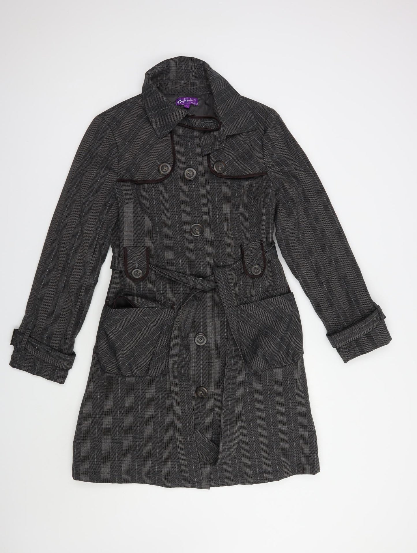 Miss You Womens Grey Plaid  Trench Coat Coat Size L  Button