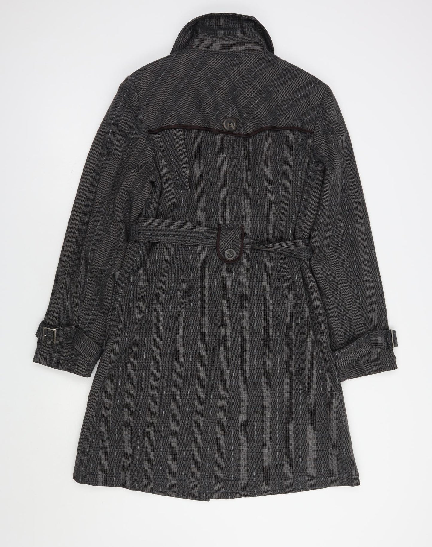 Miss You Womens Grey Plaid  Trench Coat Coat Size L  Button
