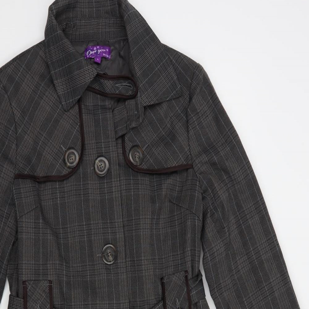 Miss You Womens Grey Plaid  Trench Coat Coat Size L  Button