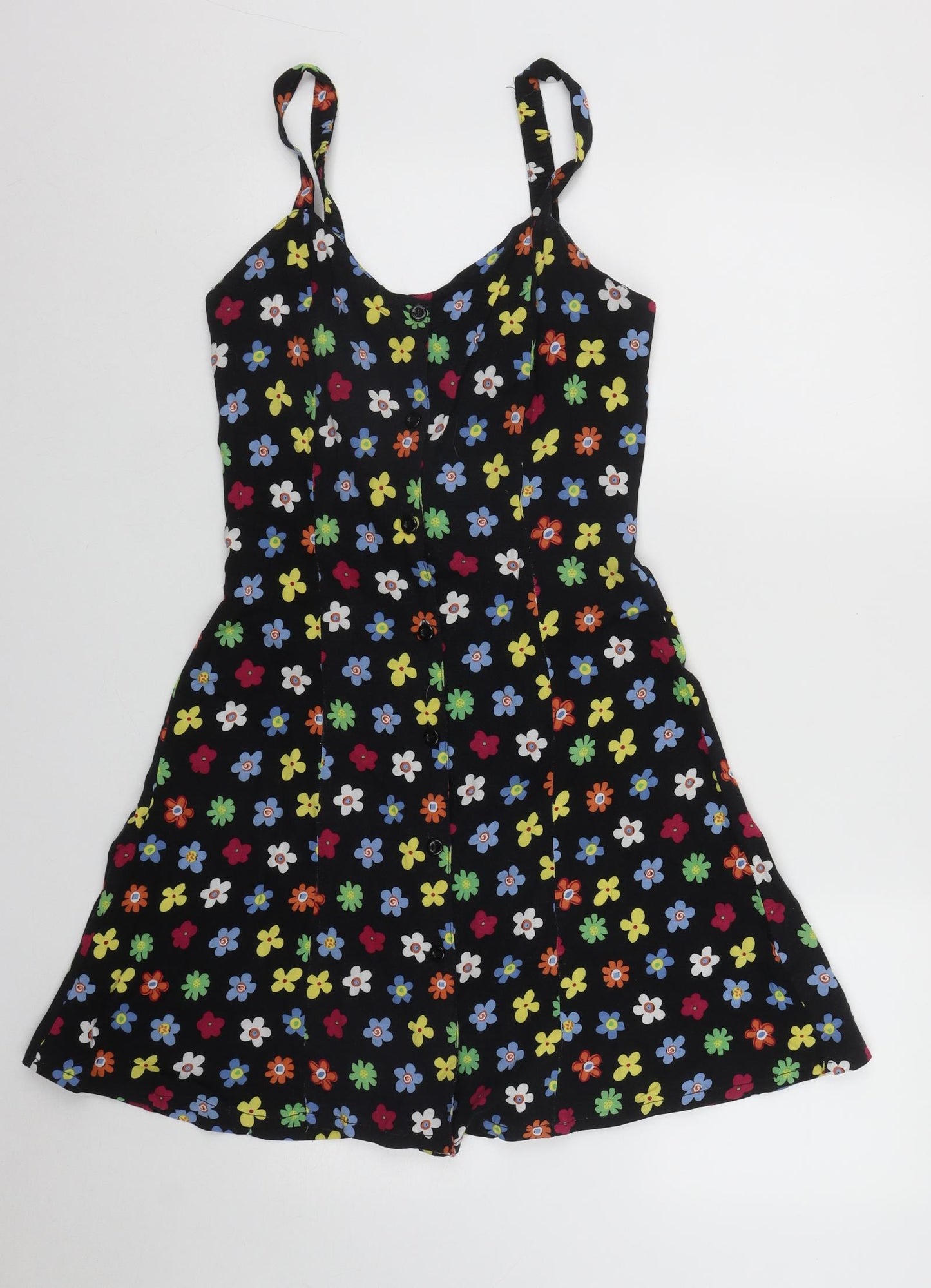 Pop Enlgand Womens Black Floral Rayon Fit & Flare  Size 8  Scoop Neck Button