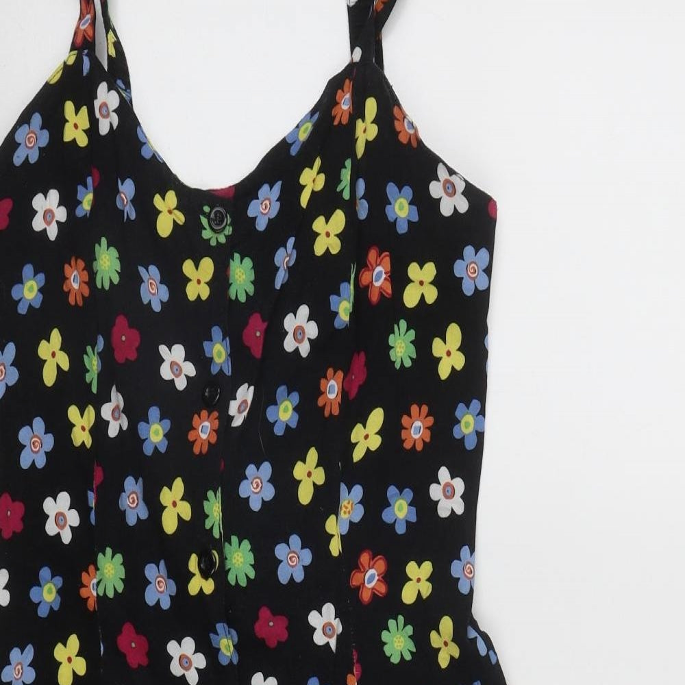 Pop Enlgand Womens Black Floral Rayon Fit & Flare  Size 8  Scoop Neck Button